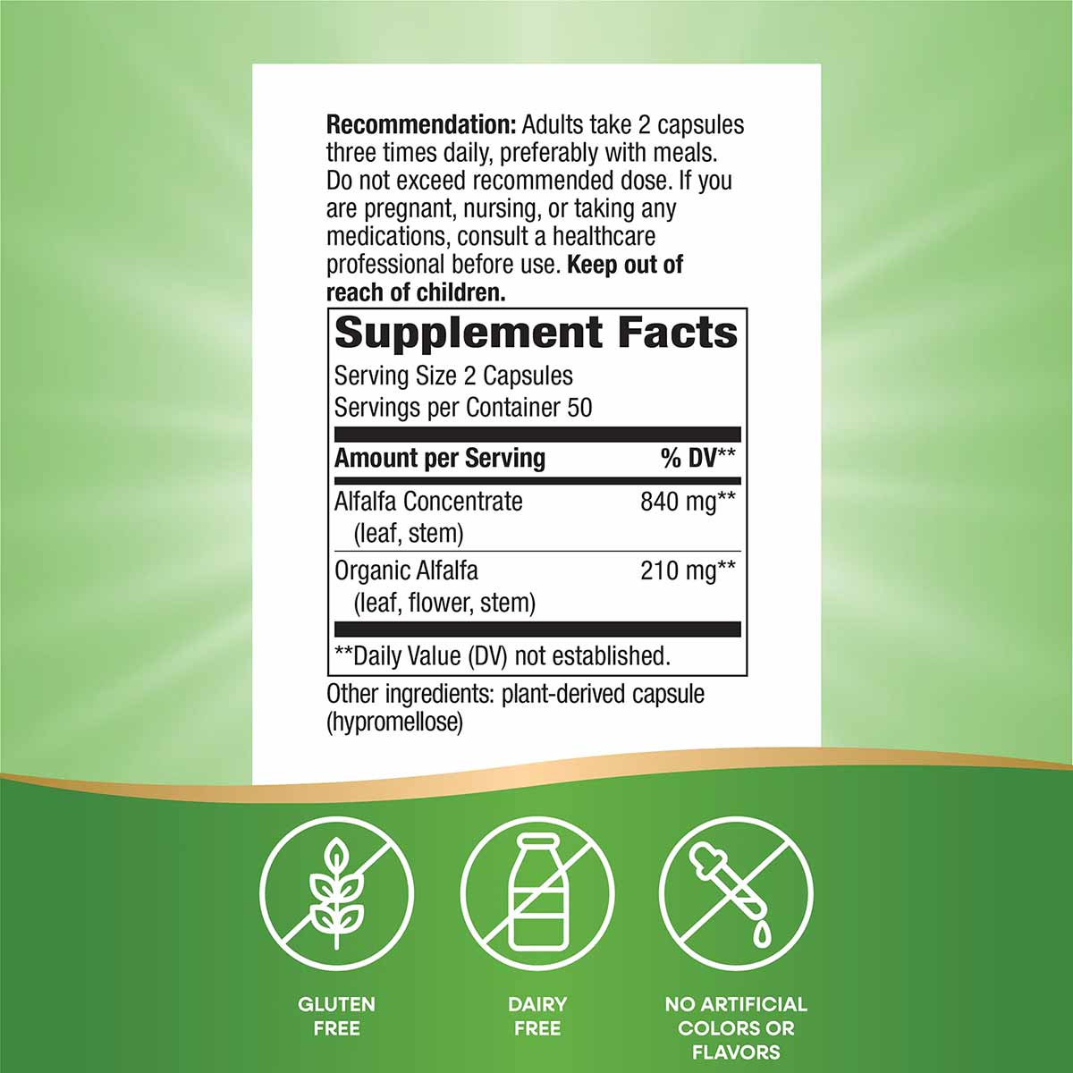 White supplement facts label on green background showing dosage instructions, alfalfa concentrate and organic alfalfa ingredi