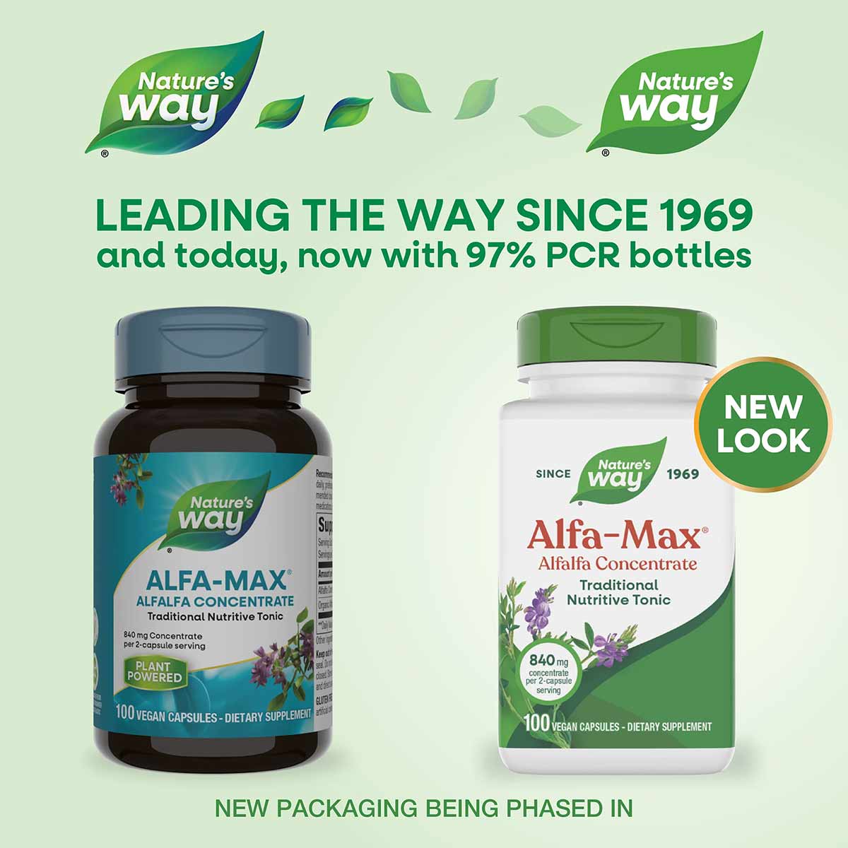 Nature's Way Alfa-Max Alfalfa Concentrate supplement bottles showing old dark blue packaging and new white-green packaging wi