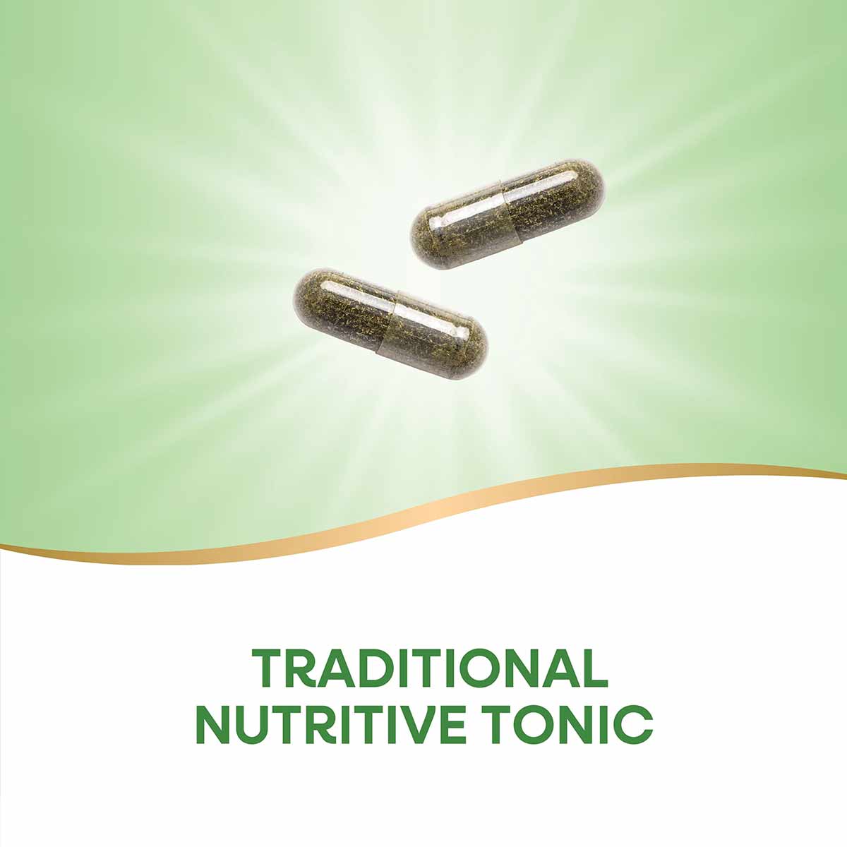 Two olive-green capsules on a light green background with radiating light effect and tan curved design element.