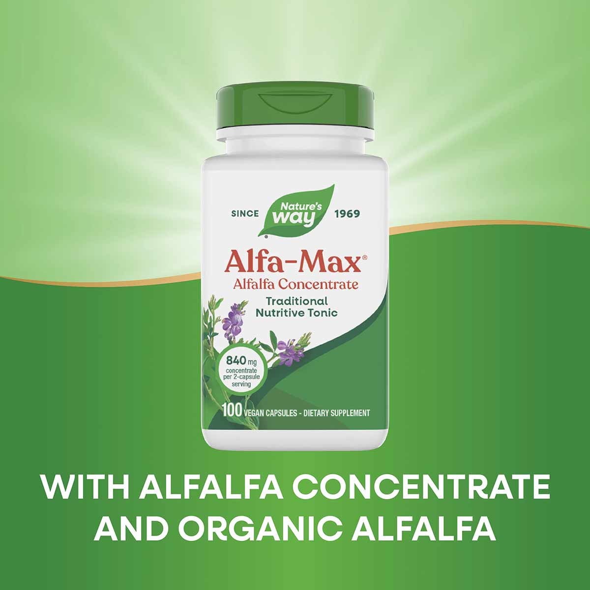 Nature's Way Alfa-Max bottle with green cap containing 100 vegan capsules of alfalfa concentrate dietary supplement.