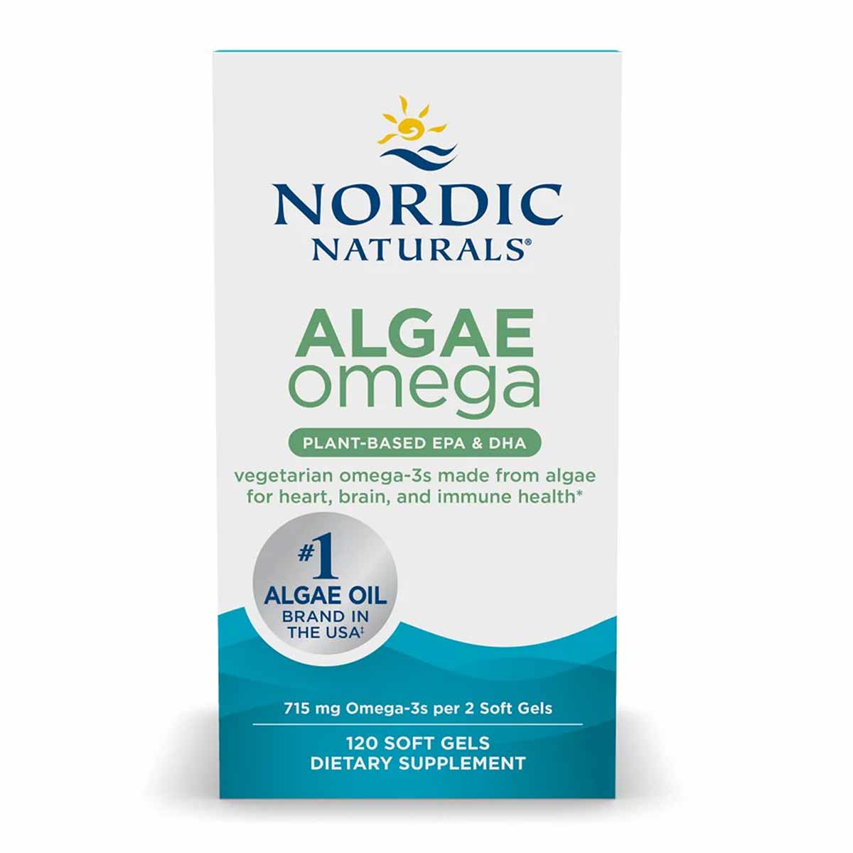 Nordic Naturals Algae Omega supplement bottle with green and teal label containing 120 soft gels.