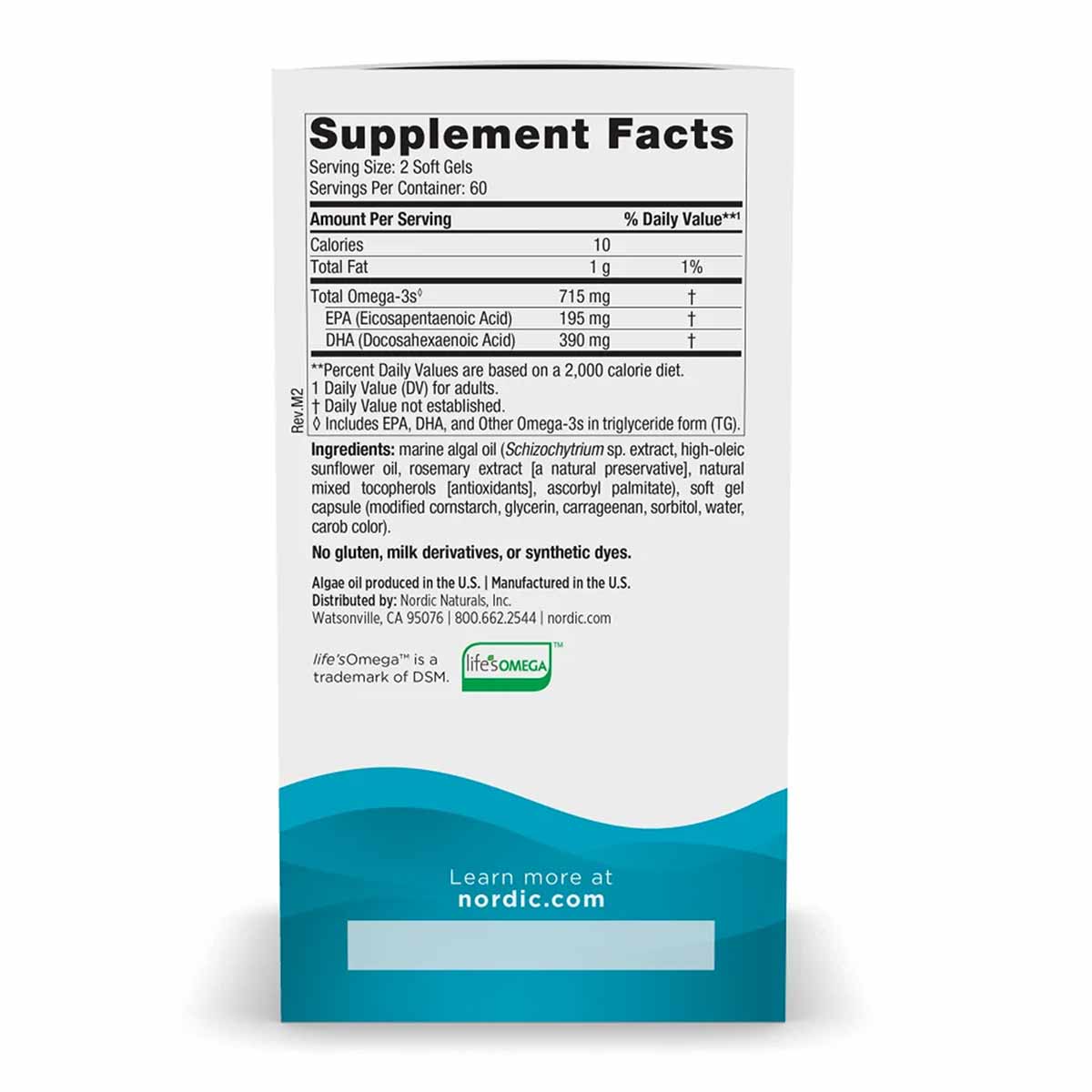 Supplement Facts label for Nordic Naturals Algae Omega showing serving size, omega-3 content, and ingredients including marin