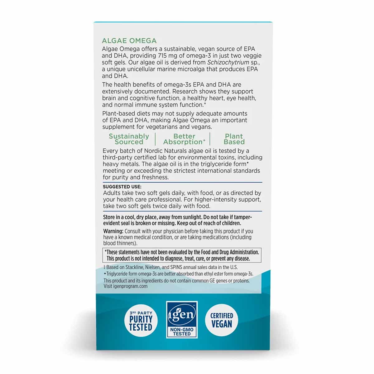 Algae Omega supplement bottle box with product information and certification badges including Purity Tested, Non-GMO Tested, 