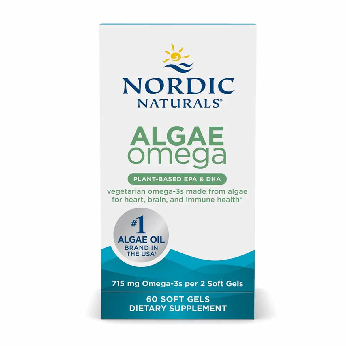 Nordic Naturals Algae Omega supplement bottle with 60 soft gels, 715 mg omega-3s per serving.