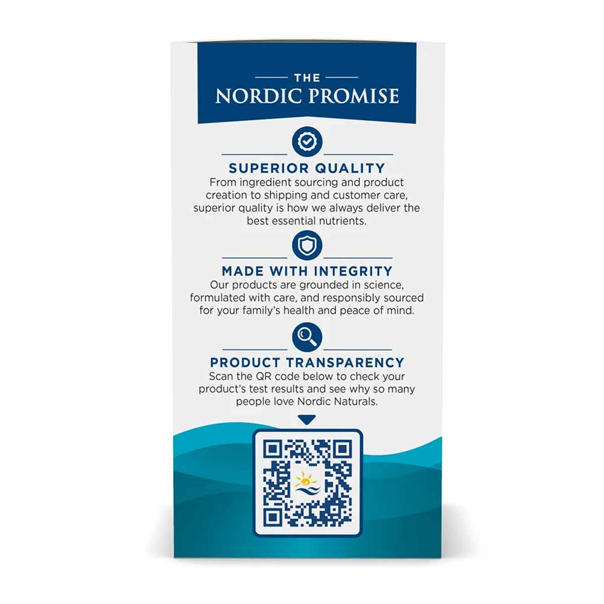 White and teal product packaging for Nordic Naturals Algae Omega with "The Nordic Promise" banner, quality badges, and QR cod