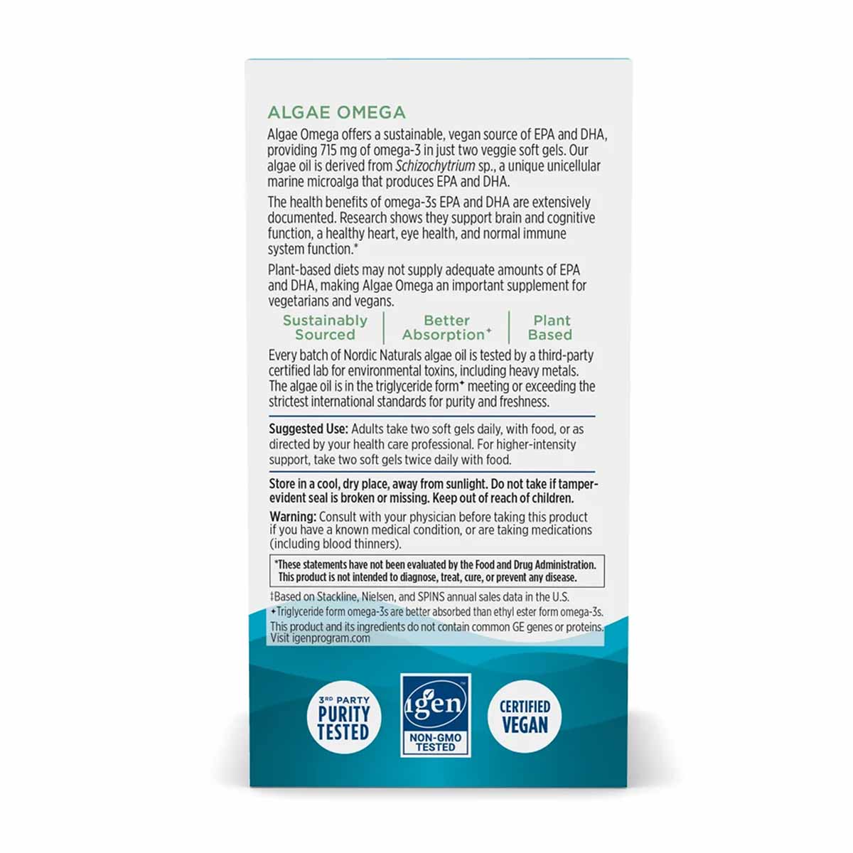 Algae Omega supplement bottle by Nordic Naturals with product information and certification badges displayed on packaging.