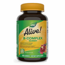 Bottle of Nature's Way Alive B-Complex Gummy with gold cap, green and yellow label featuring mango, berries, and fruit imager