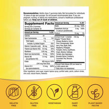Supplement Facts label for B-Complex gummies showing daily dosage, nutrient amounts, ingredients, and dietary certifications 