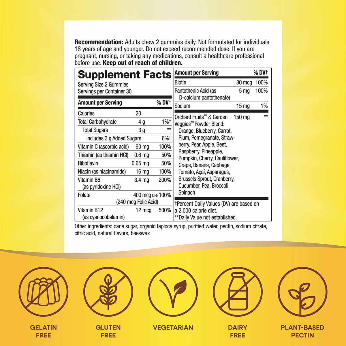 Supplement Facts label for B-Complex gummies showing daily dosage, nutrient amounts, ingredients, and dietary certifications 