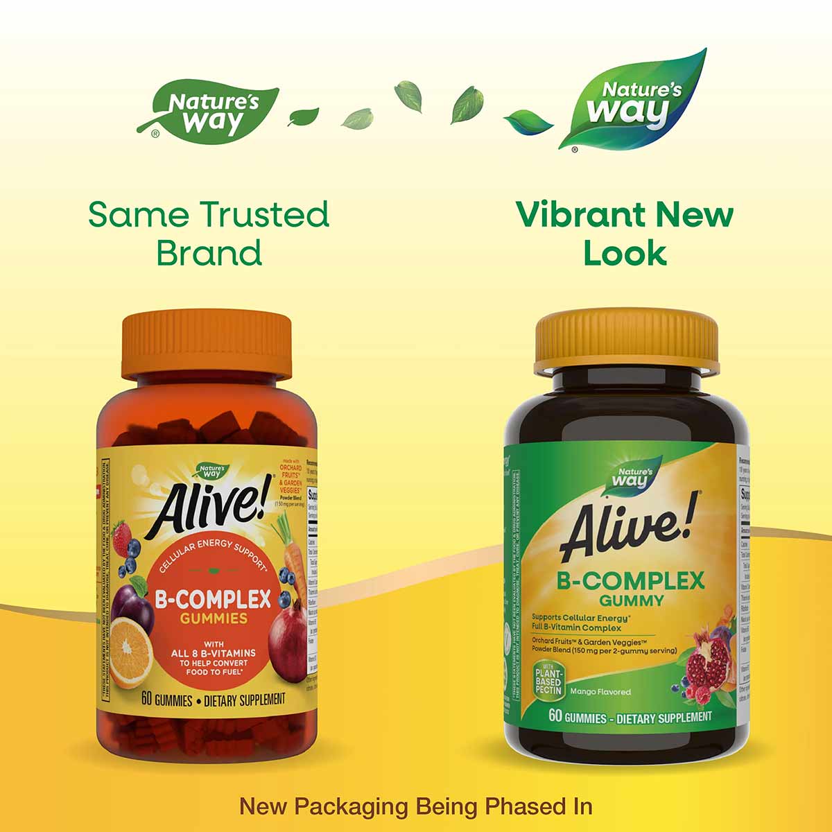 Two bottles of Alive B-Complex Gummies side by side showing old orange packaging on left and new black packaging on right.