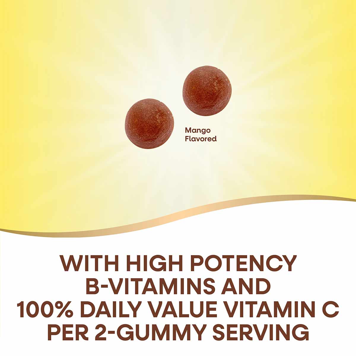 Two round, brown mango-flavored gummies on yellow background with product benefits text below.