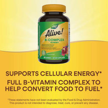 Dark bottle with gold cap containing Alive B-Complex Gummy dietary supplement, 60 gummies, mango flavored.