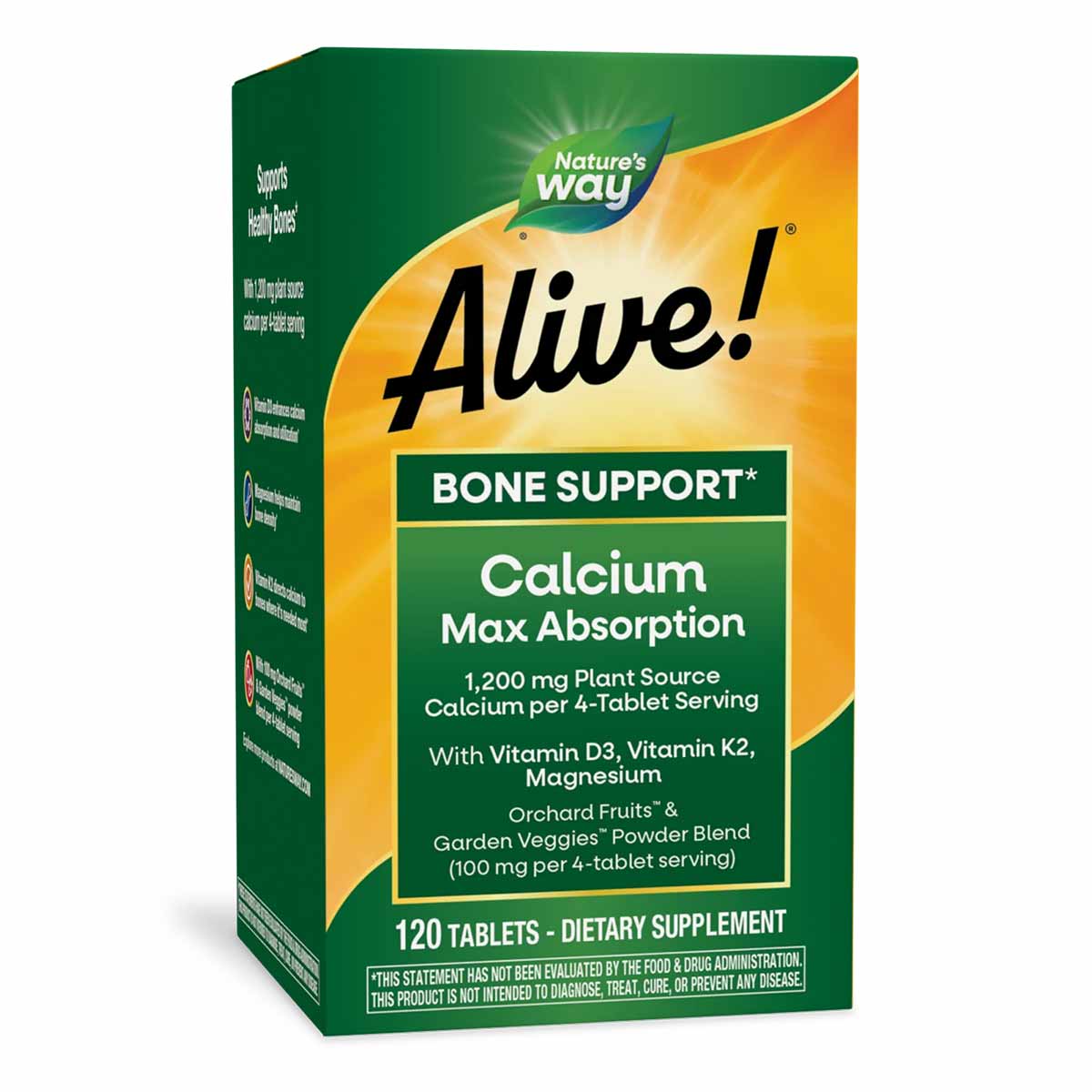 Alive Calcium Bone Support supplement bottle with 120 tablets by Nature's Way.