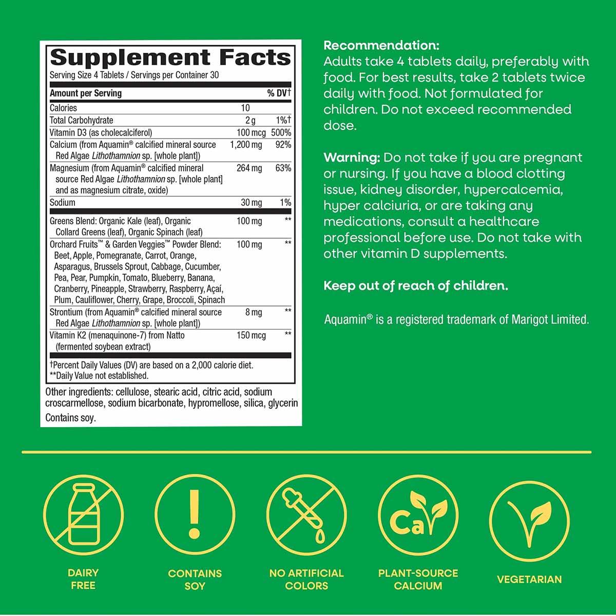 Supplement Facts label for Alive Calcium Bone Formula with green background, ingredient list, and icons indicating dairy-free