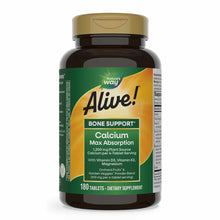 Brown bottle with gold cap labeled "Alive! Bone Support Calcium Max Absorption" containing 180 tablets by Nature's Way.