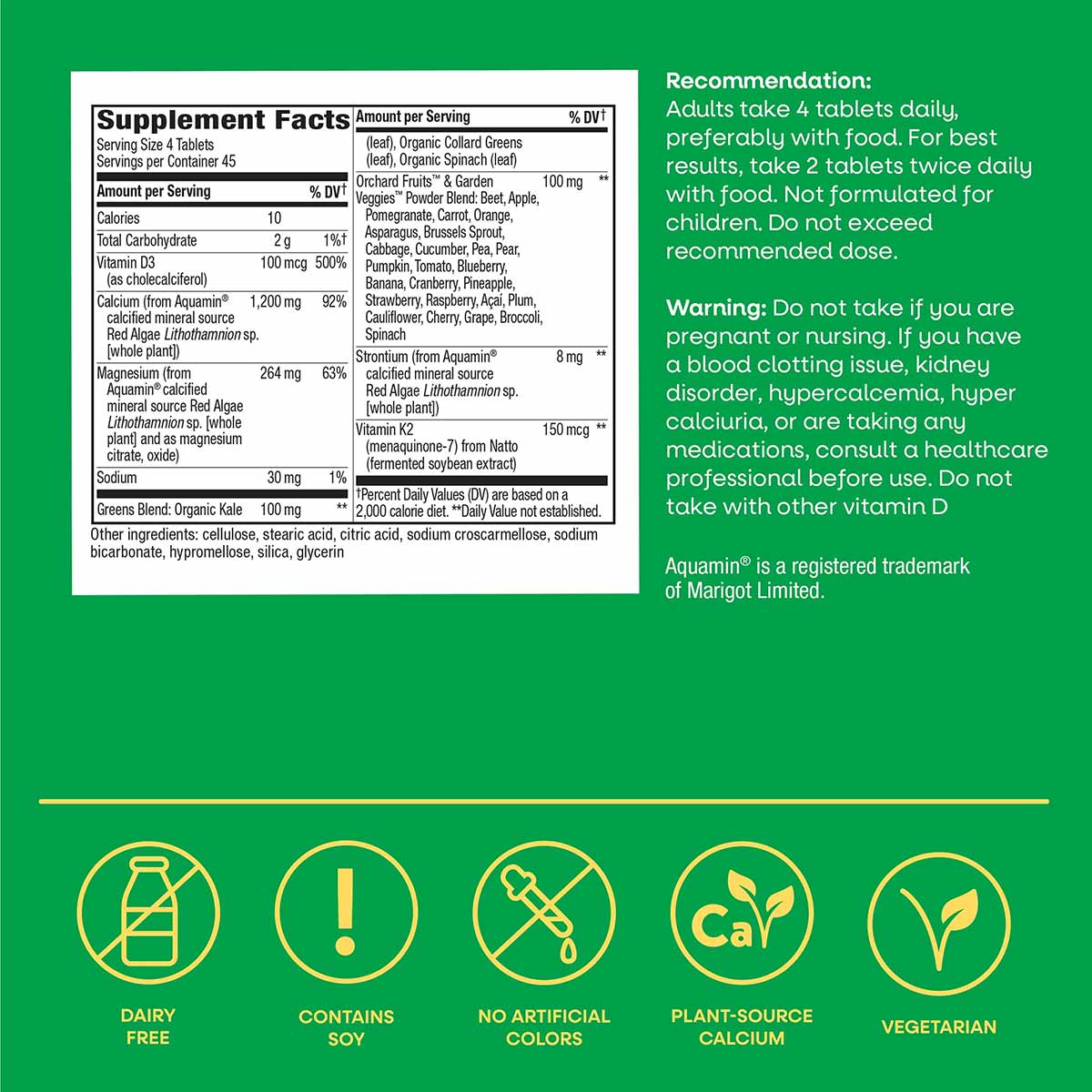 Supplement Facts label for Alive Calcium Bone Formula by Nature's Way showing ingredients and dosage information on green bac
