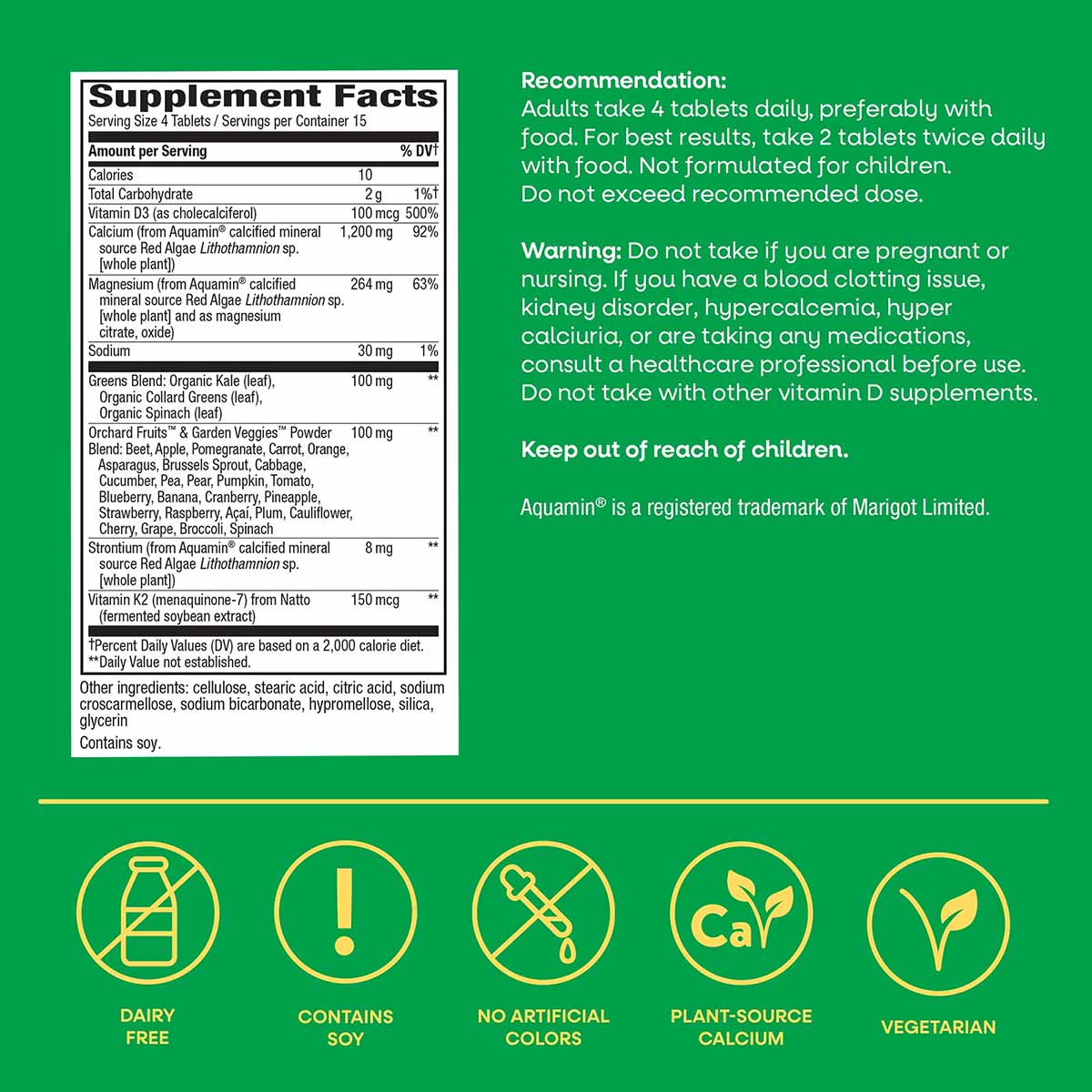 Bottle label for Alive Calcium Bone Formula supplement showing nutrition facts, dosage instructions, warnings, and ingredient