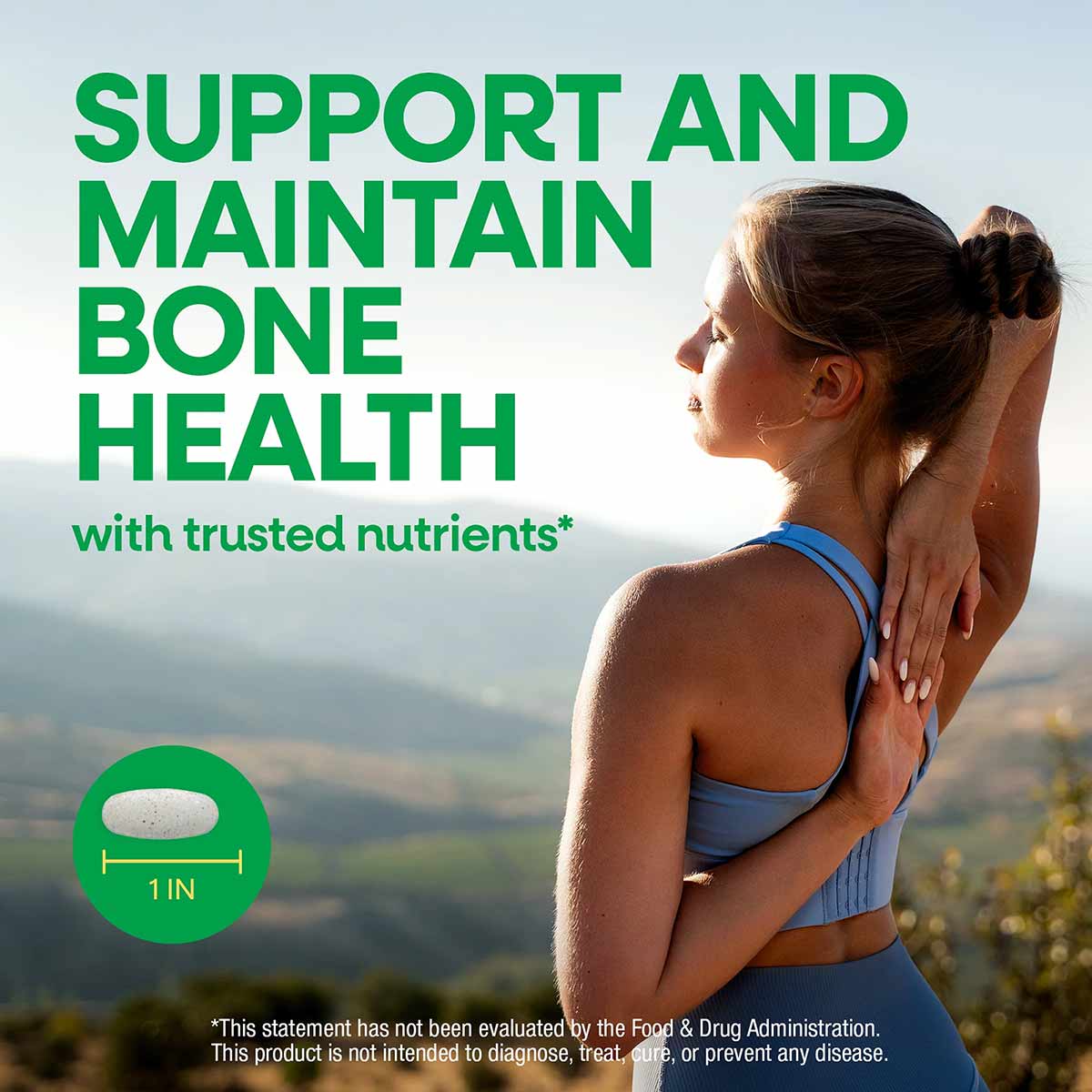 Tablet supplement packaging showing woman from behind in blue sports bra touching her shoulder, with green text and landscape