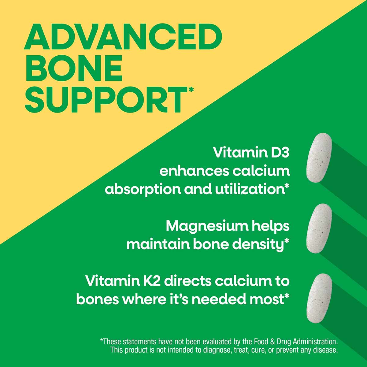 Bottle package with yellow and green diagonal design showing three white capsules and text describing calcium bone support fo