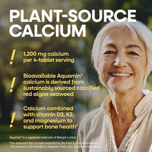 Bottle of Alive Calcium Bone Formula supplement with plant-source calcium information and older woman smiling outdoors.