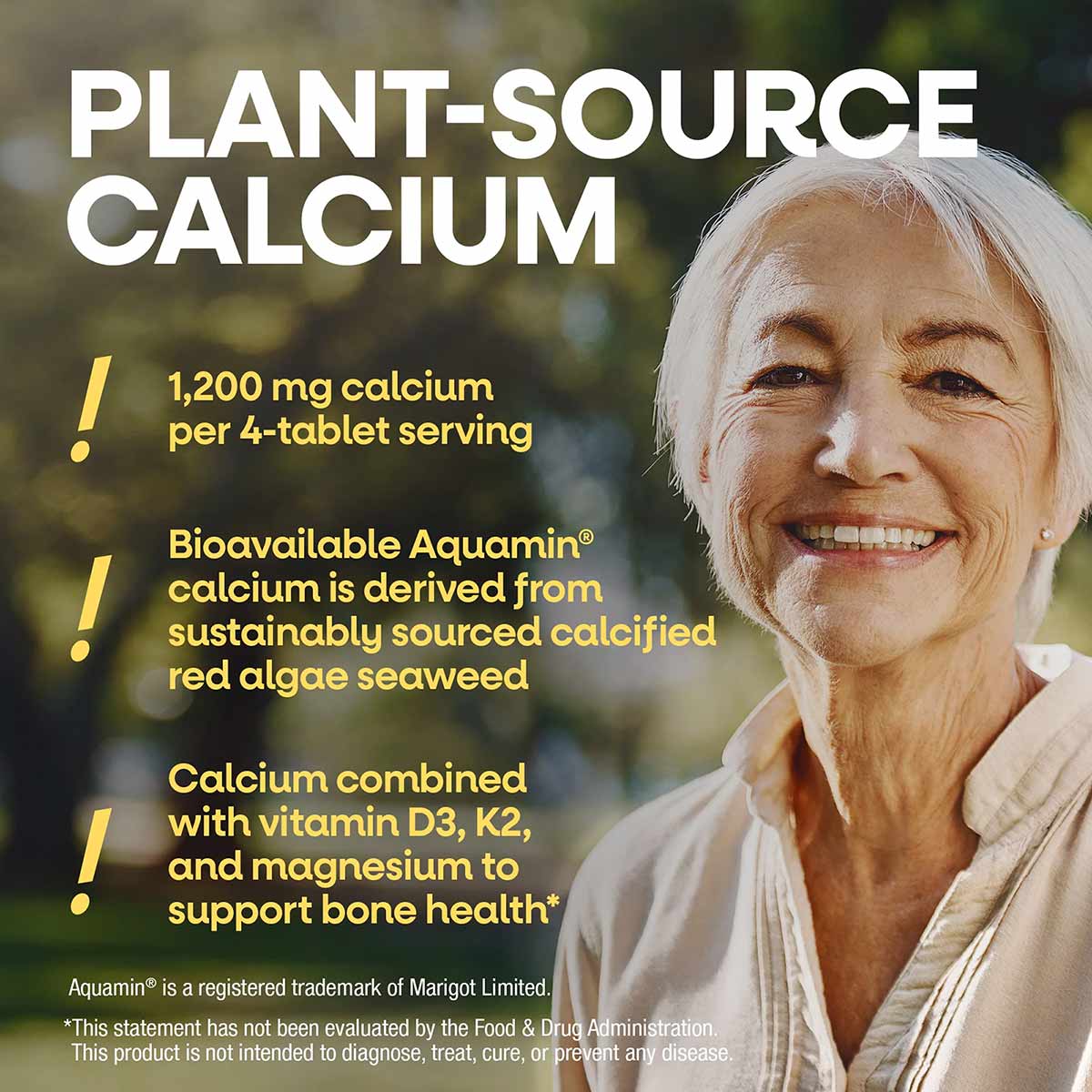 Bottle of Alive Calcium Bone Formula supplement with plant-source calcium information and older woman smiling outdoors.