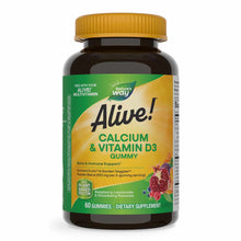 Bottle of Alive Calcium & Vitamin D3 gummies with gold cap, green and yellow label featuring raspberries and strawberries, 60
