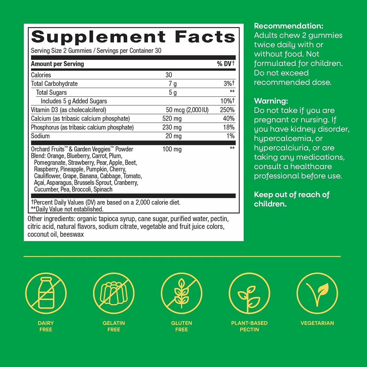 Supplement Facts label for Alive Calcium + D3 Gummies on green background with ingredient information, dosage recommendations