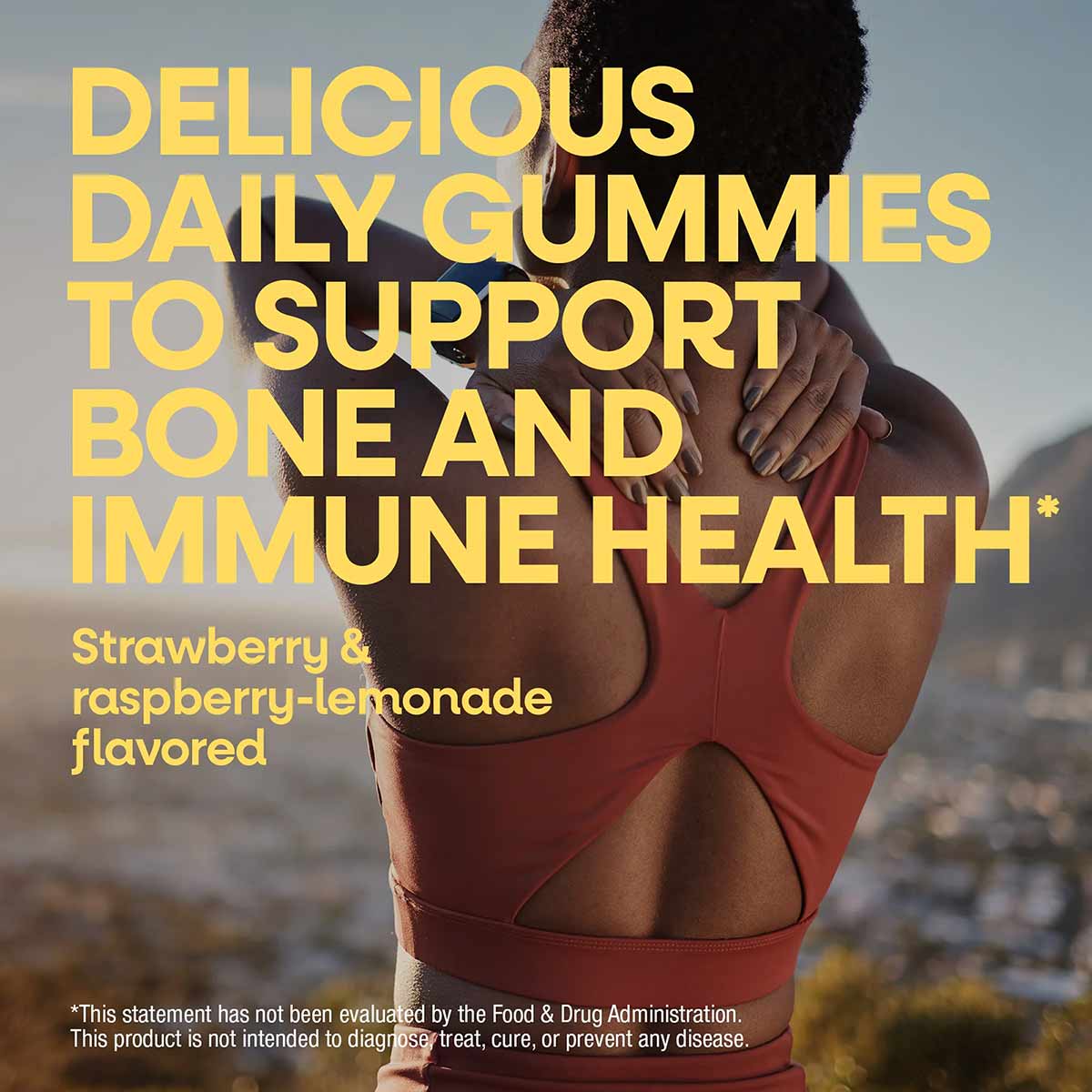 Bottle of strawberry and raspberry-lemonade flavored calcium and vitamin D3 gummies with product description text.