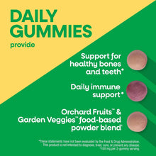 Bottle of Alive Calcium + D3 gummies in three colors: tan, purple, and light brown on yellow and green background.