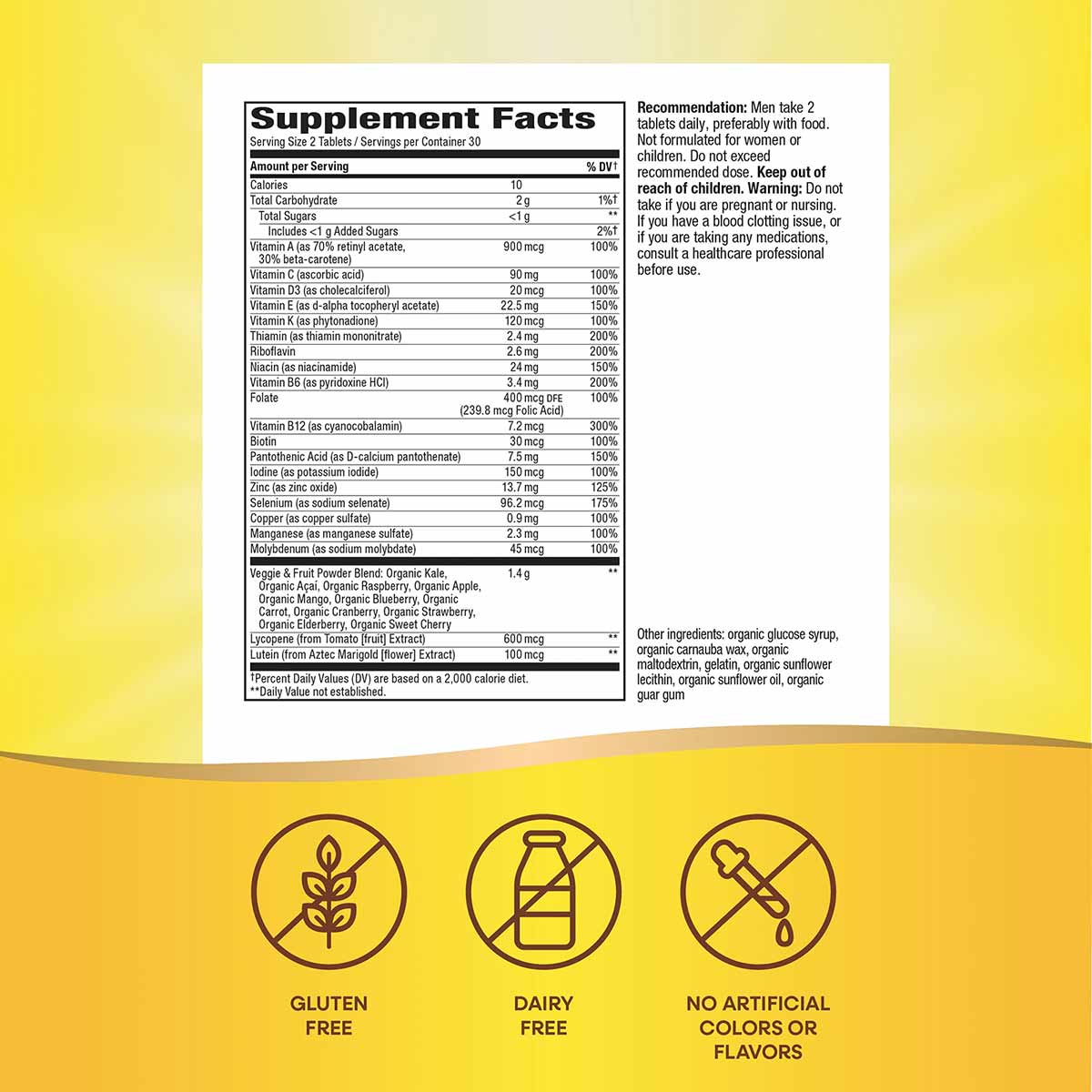 Supplement Facts label for Nature's Way Alive Garden Goodness Men's Multi with gluten-free, dairy-free, and no artificial col