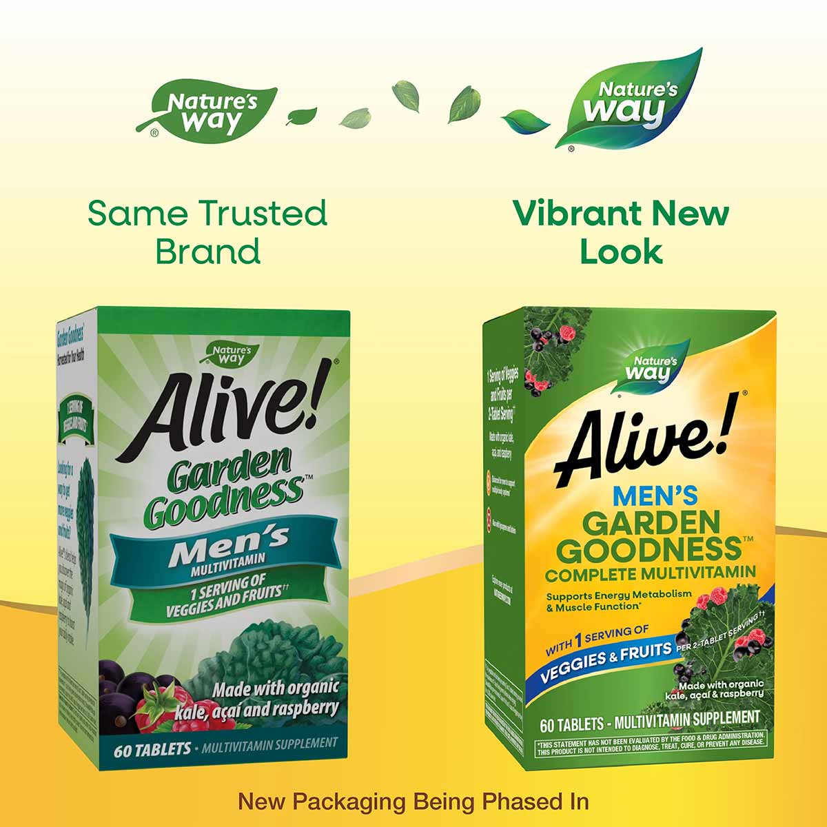Alive! Garden Goodness Men's Multi packaging shown in old and new design on yellow background.