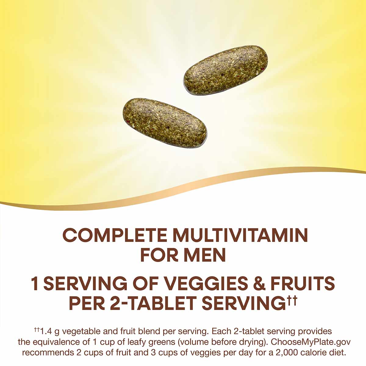 Two olive-green multivitamin tablets on yellow and white background with product text.