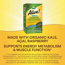 Alive! Men's Garden Goodness multivitamin bottle with green and yellow label on yellow background.