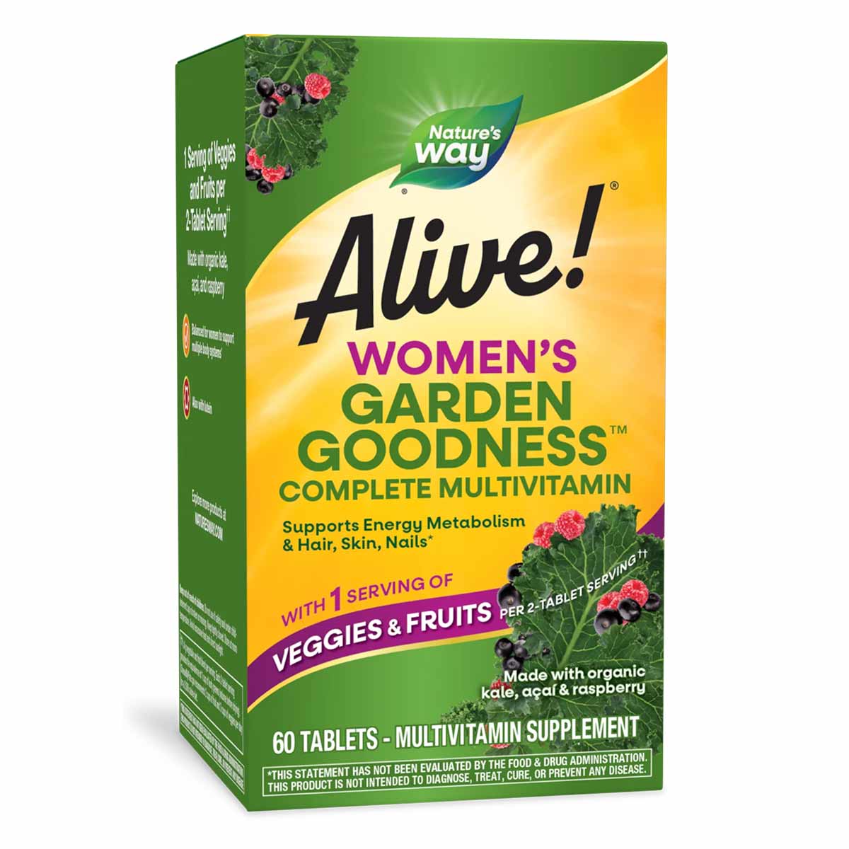Alive! Women's Garden Goodness multivitamin supplement bottle with green and yellow packaging, 60 tablets.