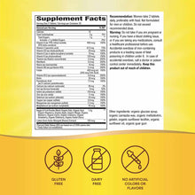 Supplement Facts label for women's multivitamin tablets listing vitamins, minerals, and organic vegetable blend ingredients o