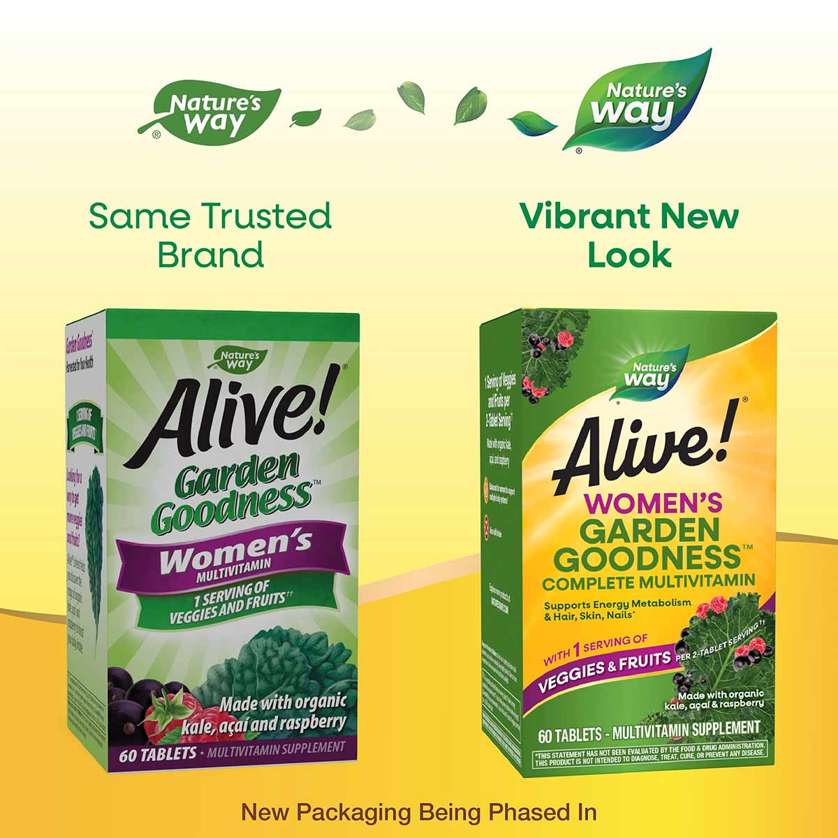 Alive Garden Goodness Women's Multivitamin bottles showing old and new packaging designs side by side.