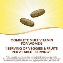 Two olive-green multivitamin tablets on yellow and white background with text describing complete multivitamin for women.