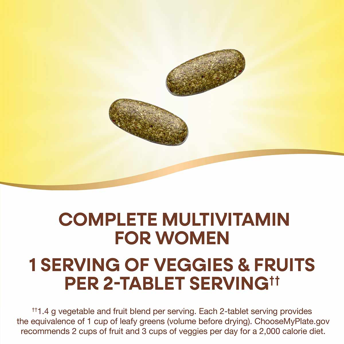 Two olive-green multivitamin tablets on yellow and white background with text describing complete multivitamin for women.