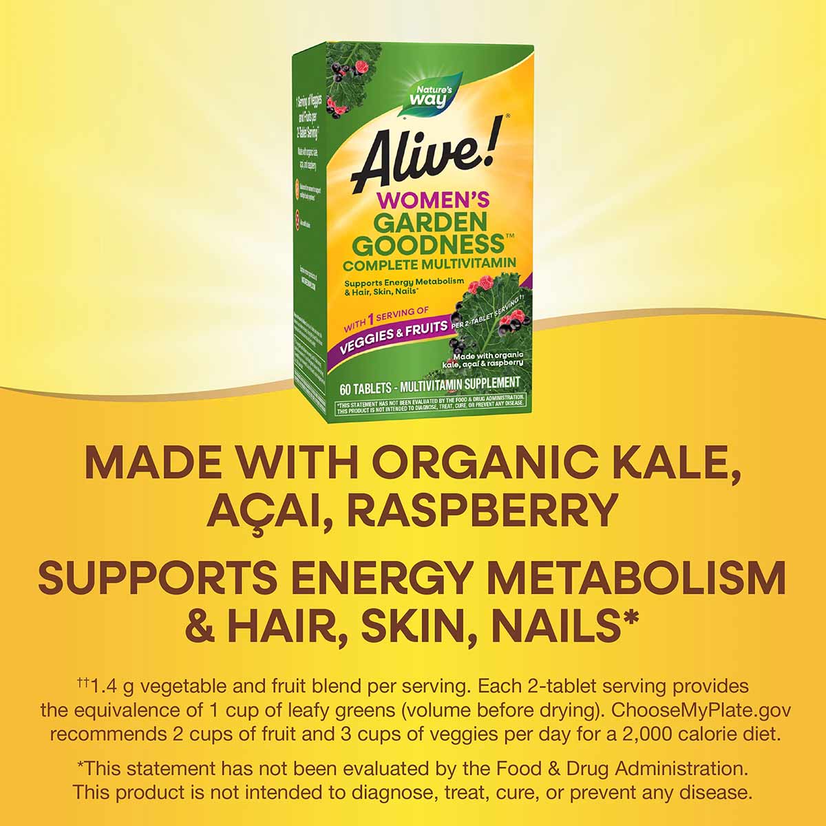 Alive Women's Garden Goodness multivitamin bottle with 60 tablets on yellow background.