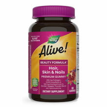 Dark glass bottle with purple cap containing Alive Hair, Skin & Nails gummies, 60 count, labeled with Beauty Formula and ingr