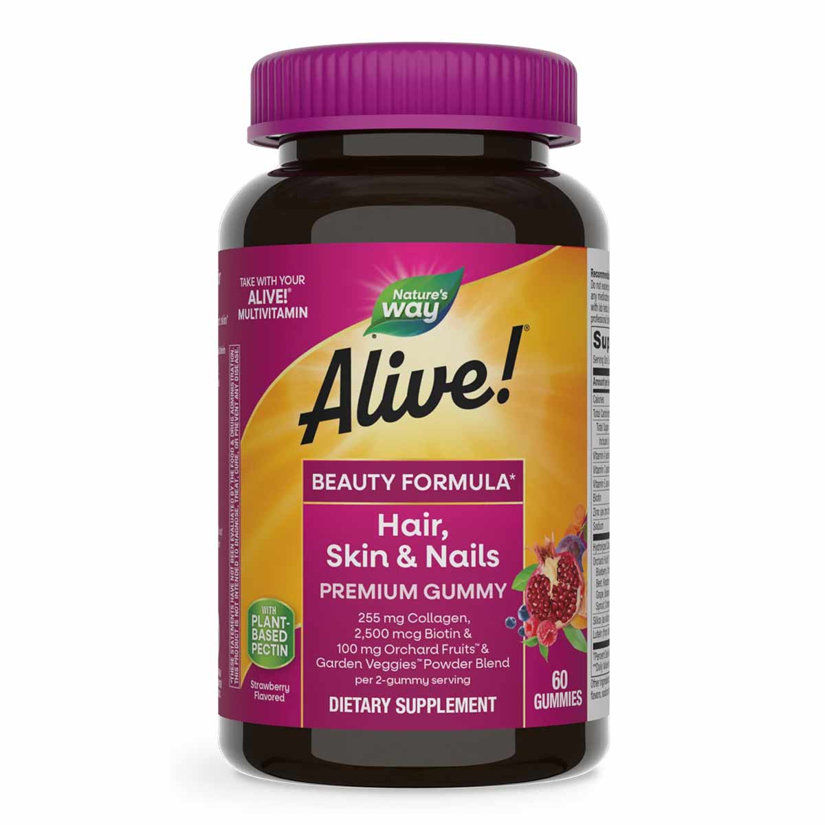 Dark glass bottle with purple cap containing Alive Hair, Skin & Nails gummies, 60 count, labeled with Beauty Formula and ingr