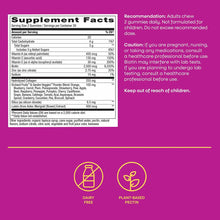 Supplement Facts label for hair, skin and nails gummies on magenta background with dairy-free and plant-based pectin icons.