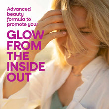 Woman with blonde hair touching her face, wearing a white shirt, with text describing an advanced beauty formula.