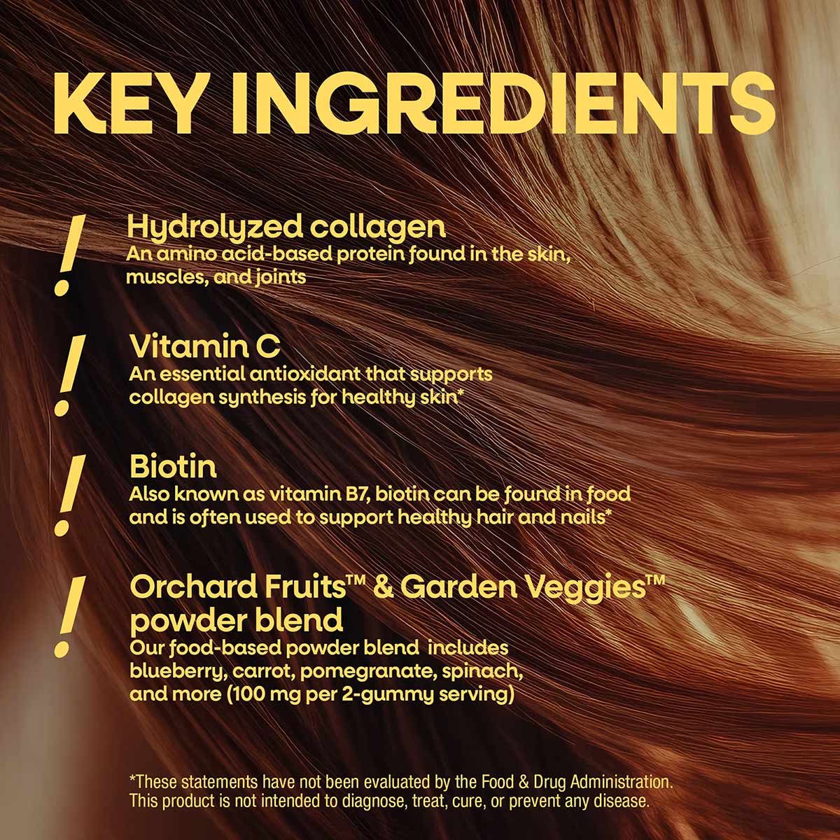 Infographic listing key ingredients: hydrolyzed collagen, vitamin C, biotin, and Orchard Fruits & Garden Veggies powder blend