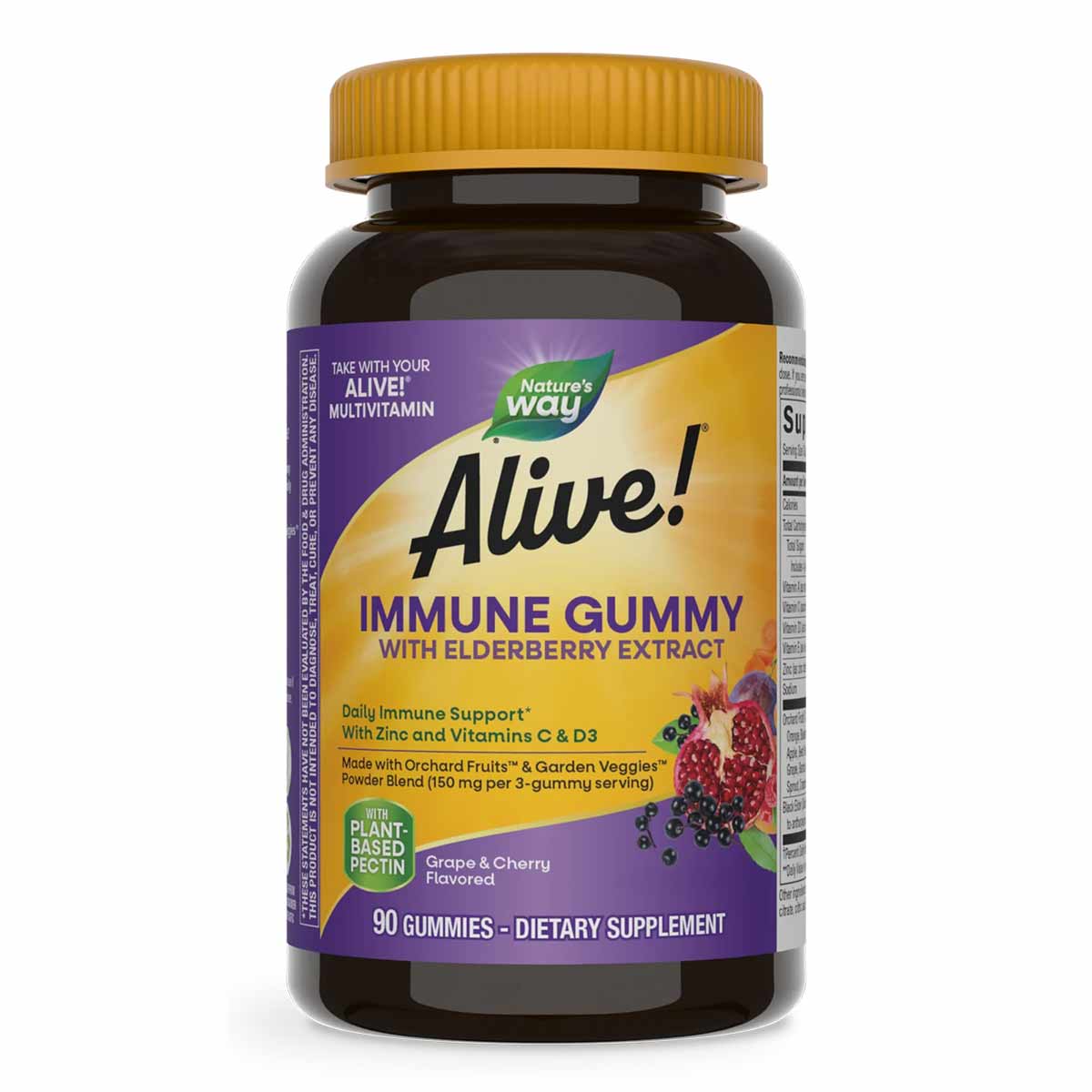 Dark glass bottle of Alive! Immune Gummy with elderberry extract, grape and cherry flavor, 90 gummies, by Nature's Way.