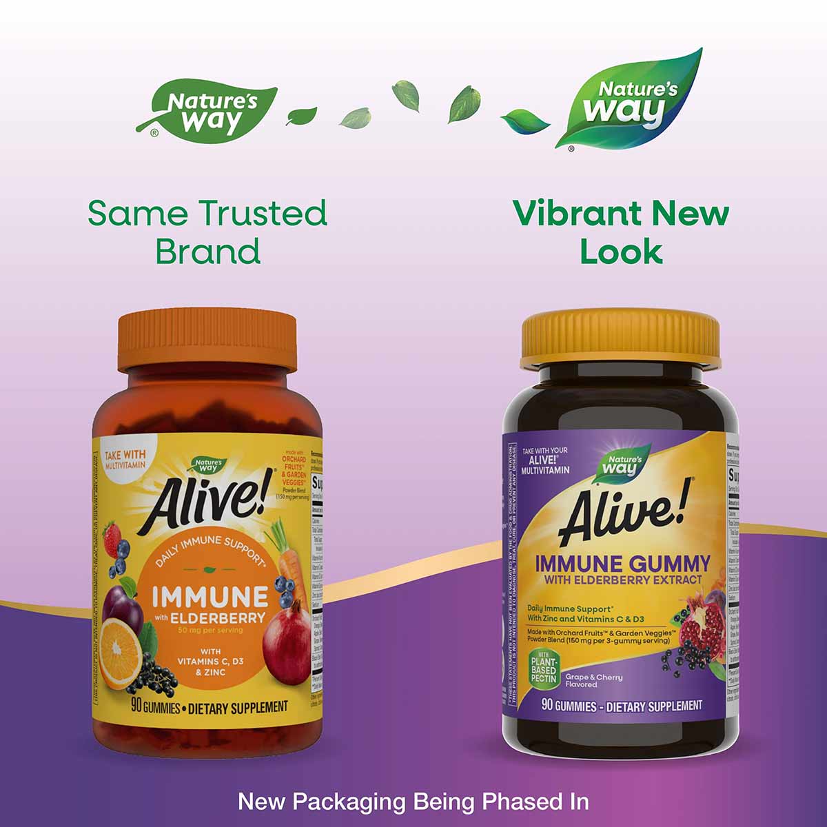 Two bottles of Alive Immune Gummies with Elderberry Extract showing old orange packaging on left and new black and gold packa