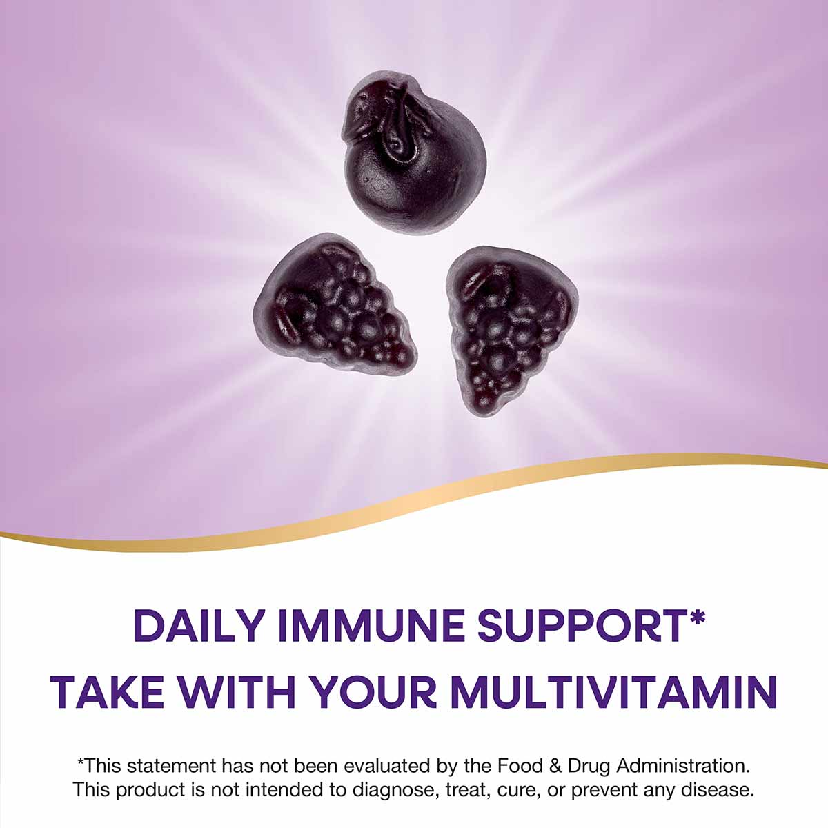 Three dark purple gummies shaped like berries on a purple background with gold accents.