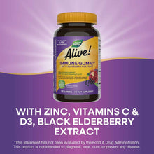 Dark glass bottle of Alive Immune Gummy with yellow cap, purple and gold label featuring elderberry and fruit imagery on purp