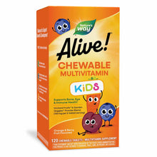 Orange and yellow box of Alive! Kids Chewable Multivitamin by Nature's Way containing 120 tablets with cartoon fruit characte