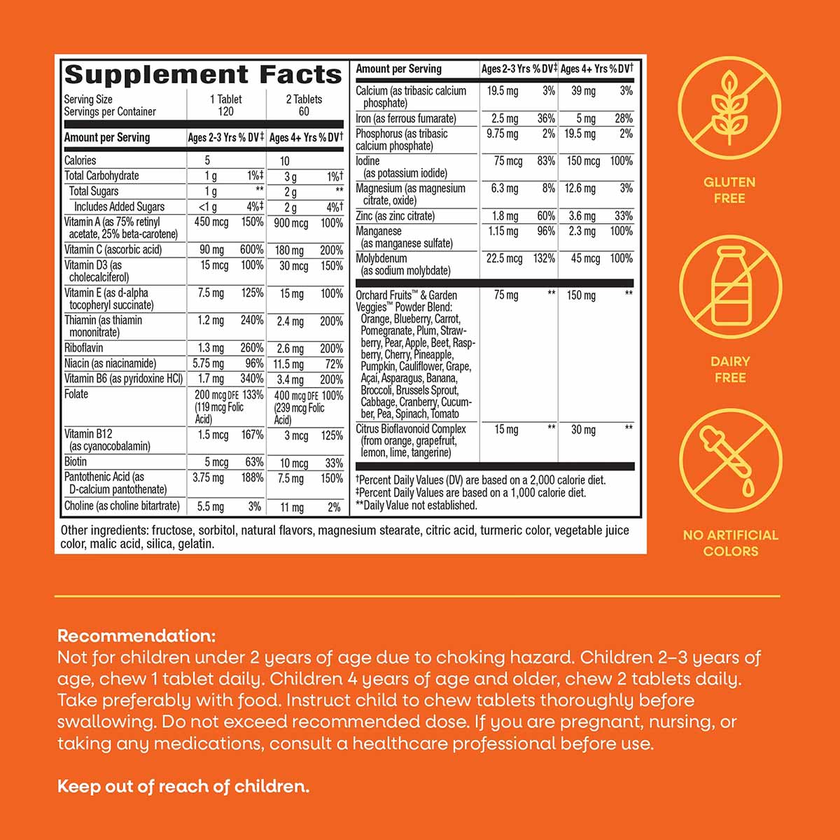 Bottle label for Alive Kids Chewable Complete Multivitamin showing supplement facts, ingredients, and usage recommendations o